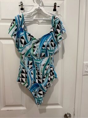 Blue & Green Geometric Ruffle One-Piece Swimsuit